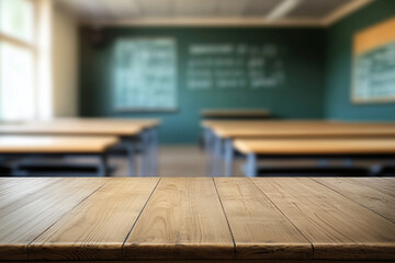 Wooden top table with classroom in background
