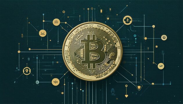 a gold coin with a Bitcoin symbol in the center, surrounded by various icons and lines.