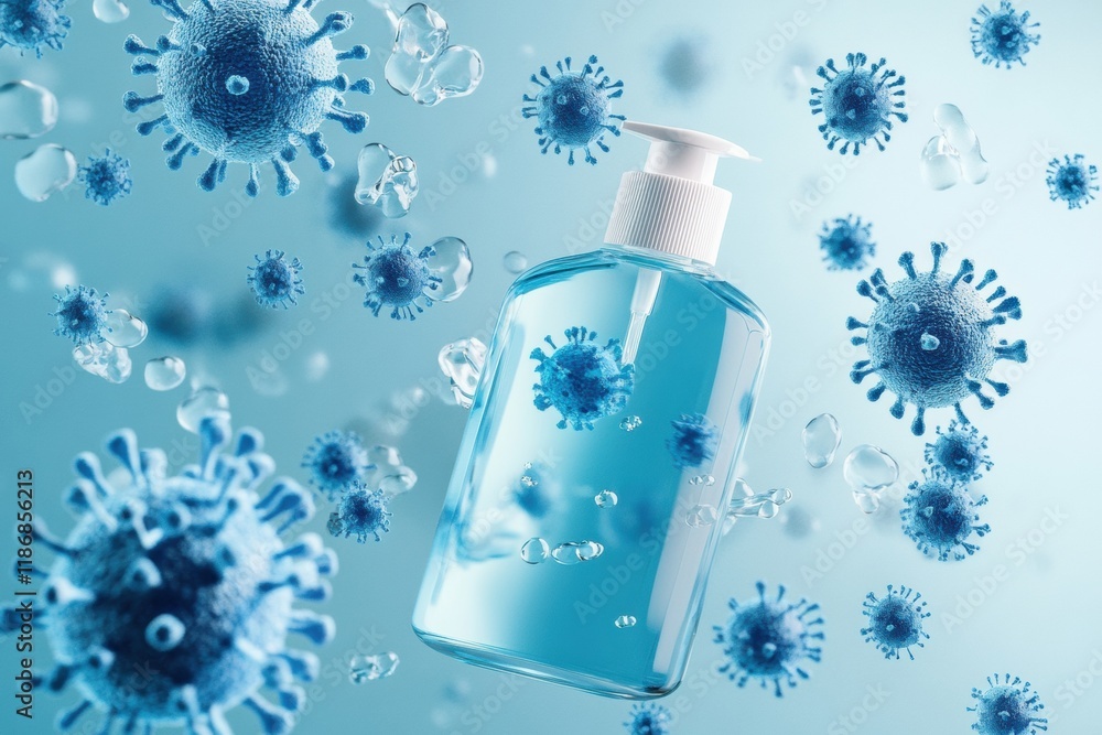 Poster droplets of sanitizer actively destroying bacteria in a clear environment emphasizing health and hyg