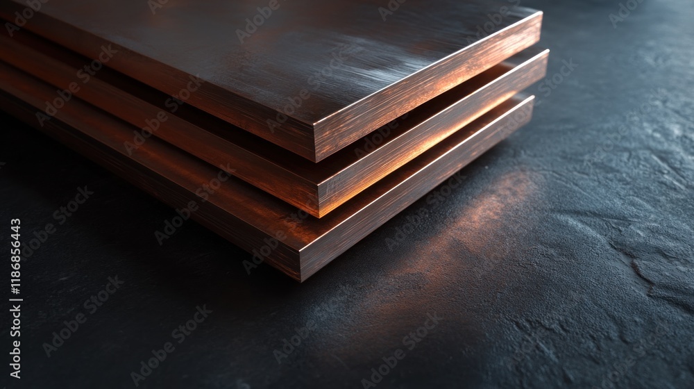 Wall mural Stacked Copper Sheets on a Black Background