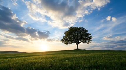 Obraz premium Serene Sunset Over Tranquil Landscape With Lone Tree On Open Field Against Blue Sky : Generative AI