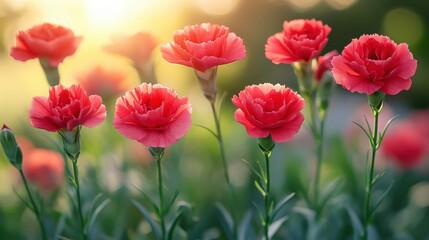 Obraz premium Vibrant Red Carnations Blooming Beautifully in a Sunlit Garden, Showcasing Nature's Artistry and Breathtaking Floral Arrangement in Soft Focus