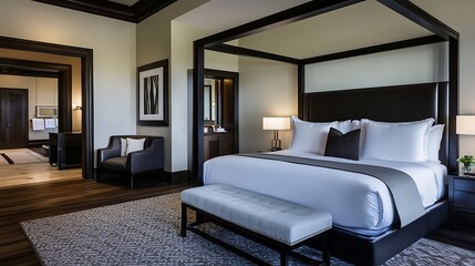 Elegant Luxurious Hotel Bedroom Interior with Black and White Four Poster Bed : Generative AI