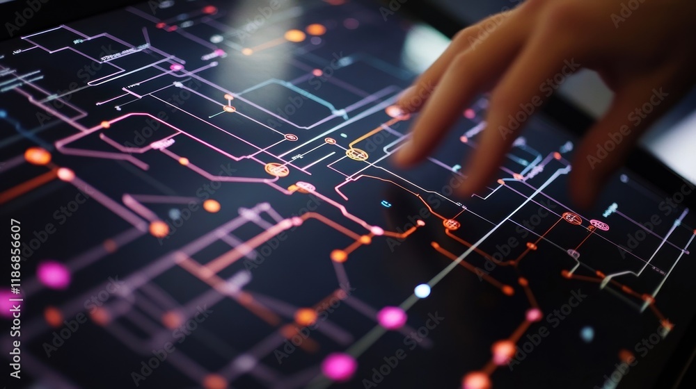 Poster engineer is interacting with a sophisticated digital interface, managing an electronic project throu