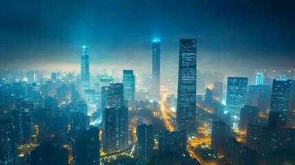 Obraz premium Futuristic Cityscape With Illuminated Skyscrapers Under Night Sky : Generative AI