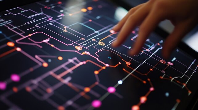Engineer is interacting with a sophisticated digital interface, managing an electronic project through a touchscreen, showcasing the intricate network of circuits and components - Powered by Adobe