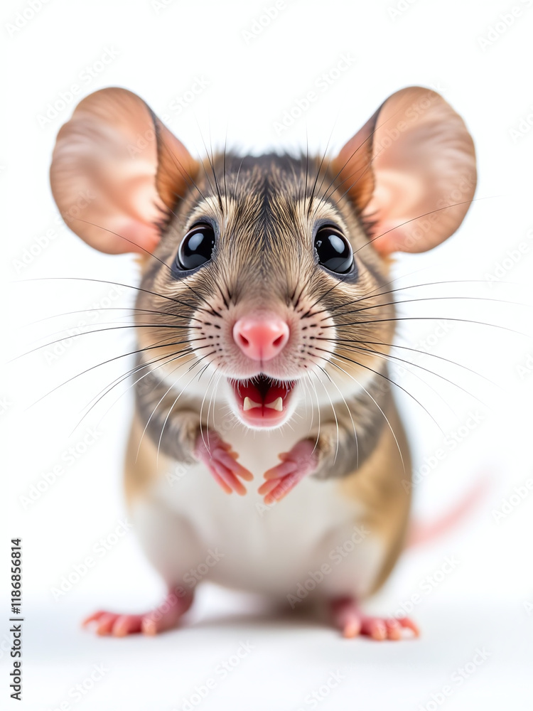 Poster a surprised mouse looks directly at the camera with huge eyes, isolated against a pure white backgro