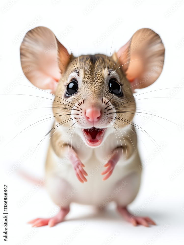 Poster a surprised mouse looks directly at the camera with huge eyes, isolated against a pure white backgro