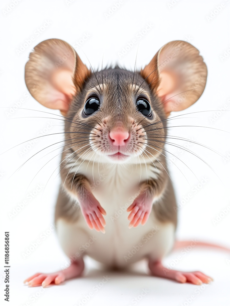 Poster a surprised mouse looks directly at the camera with huge eyes, isolated against a pure white backgro
