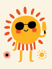 cheerful sun character wearing sunglasses and holding popsicle, surrounded by playful summer elements, radiates joy and warmth in whimsical illustration