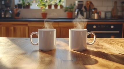 Two White Coffee Mugs Steaming on Top of Oak Table in Cozy Kitchen Setting