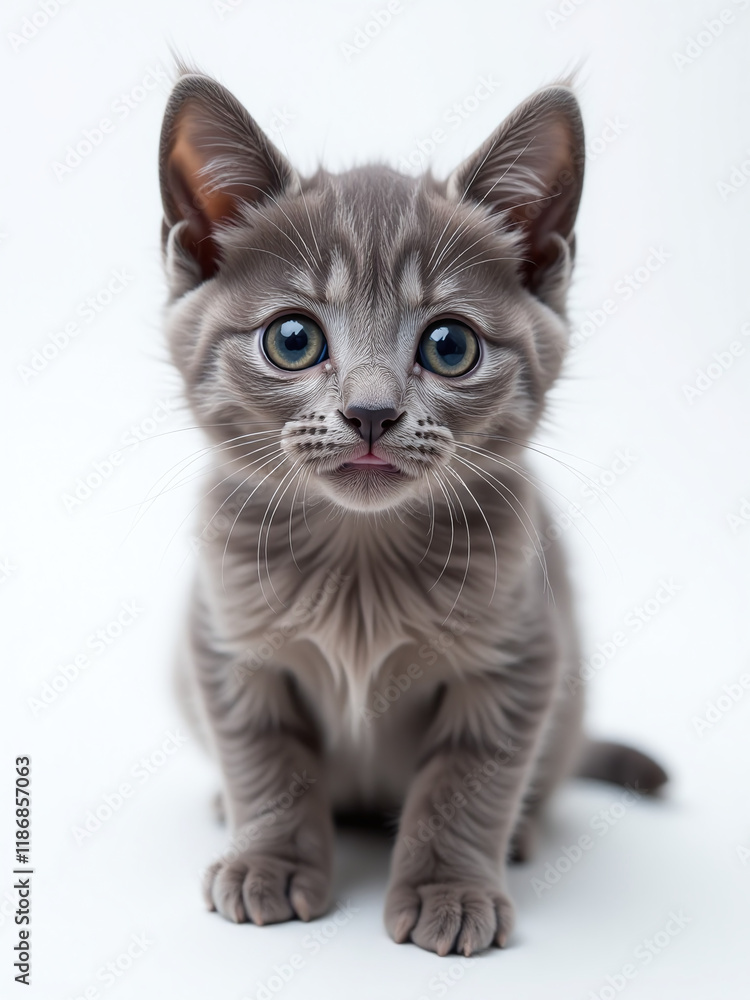 Poster A Surprised Gray Kitten Looks Directly At You From A White Background With Its Huge Eyes Standing Out Clearly. 00003