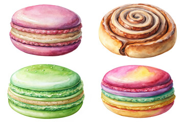 Colorful watercolor pastries, delicious macarons, cinnamon rolls, sweet treats, dessert illustrations, vibrant food art.