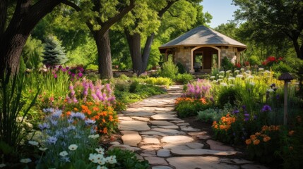 Stunning Wildflower Garden and Pathway Leading to a Rustic Gazebo Perfect for Landscaping and Gardening Enthusiasts
