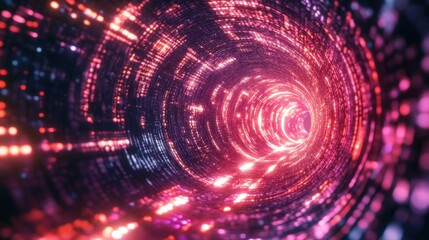 Obraz premium Abstract Digital Tunnel of Light Pink and Purple Glowing Data Streams in Cyberspace