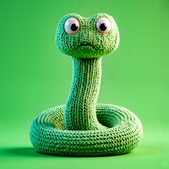 Fototapeta premium A knitted green snake with big eyes on a green background
