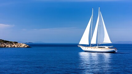 Naklejka premium Serene white sailboat gliding through vibrant blue ocean near coast : Generative AI