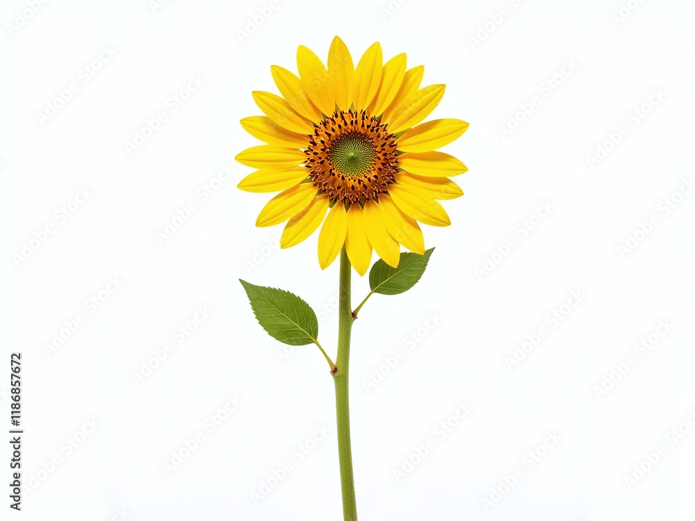 Poster A Sunflower Stands Alone With Its Tall Stem Isolated On A Pure White Background Surrounded By Transparent Edges. 00003