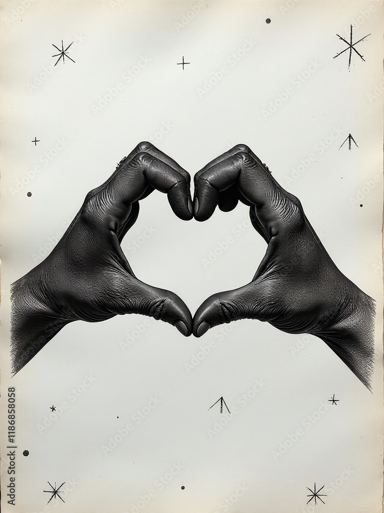 Aufkleber A Stylized Hand Gesture Forming A Heart Shape Is Placed On A Textured Paper Background With A White And Black Design Theme Surrounding It. 00002
