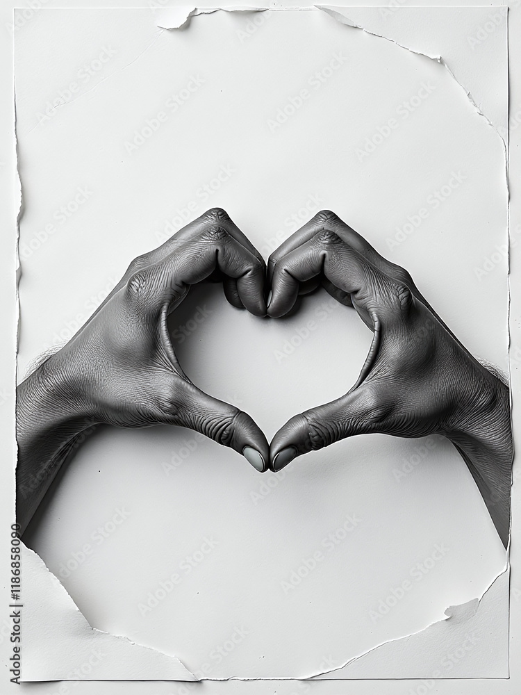 Aufkleber a stylized hand gesture forming a heart shape is placed on a textured paper background with a white 