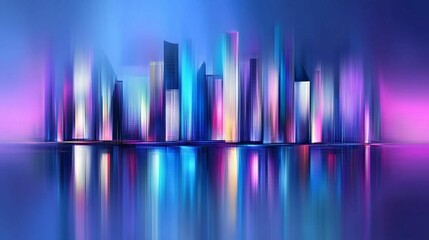 Vibrant and Abstract City Skyline at Night with Reflections and Colorful Lights in Blue, Purple, and Pink Hues for Modern Art and Technology Themes