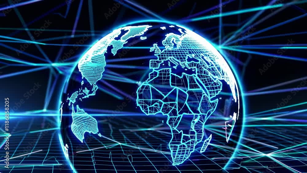 Poster explore the digital world with a glowing globe connected by vibrant lines and networks showcasing te
