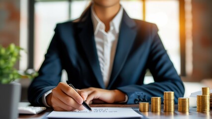 Professional woman signing document in office with stacks of coins representing investment and financial success