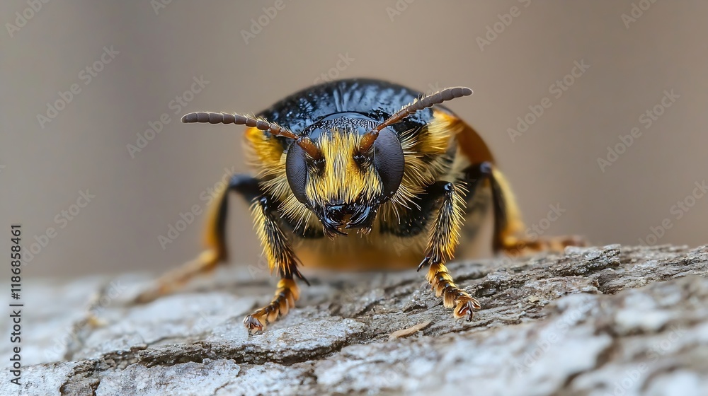 Aufkleber closeup image of a bee on a tree branch mid flight detailed insect photography : generative ai