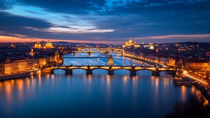 Fototapeta premium Scenic Charles Bridge over Vltava River in Prague at Twilight with Vibrant City Lights : Generative AI