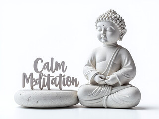 A Stone Sculpture With A Calm Meditation Text Isolated On A Pure White Background Creates A Soothing Atmosphere. 00002