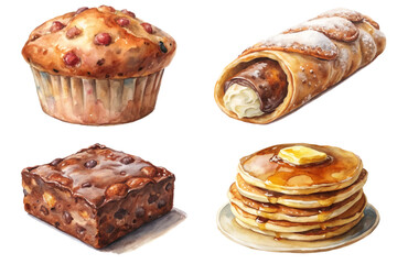 Delicious baked goods, watercolor illustration, sweet treats, dessert options, breakfast favorites, colorful pastries, artistic food design.