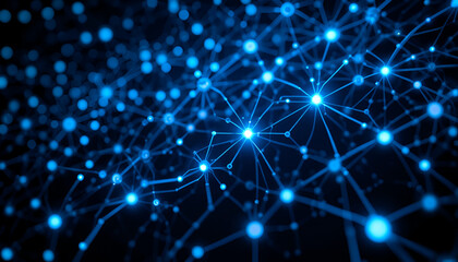 Artificial Intelligence Networks. A set of glowing blue connections fills the dark background, representing digital networks and data transfer in today's technological landscape.