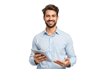 Young handsome man holding tablet, smiling nicely, isolated on transparent background