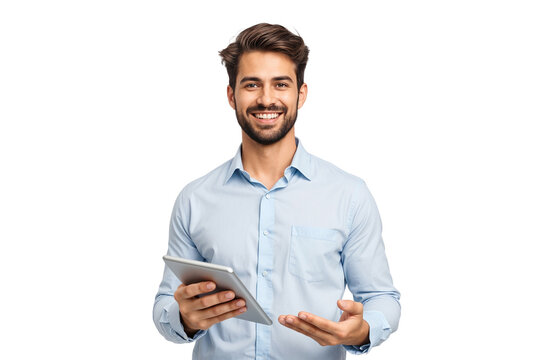 Young handsome man holding tablet, smiling nicely, isolated on transparent background