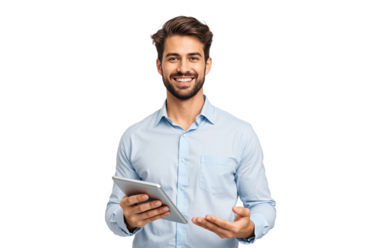 Young handsome man holding tablet, smiling nicely, isolated on transparent background