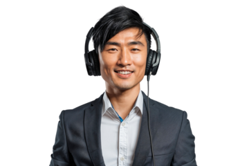 Confident businessman listening to music with headphones, isolated on transparent background