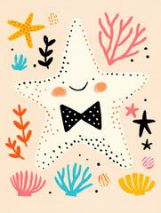 cheerful starfish illustration with bowtie, surrounded by colorful coral and ocean themed doodles, creating vibrant and playful underwater scene