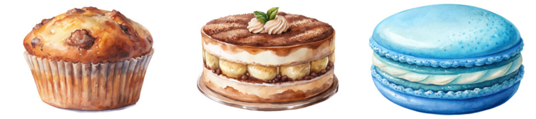 Delicious baked goods, watercolor illustration, muffin, tiramisu cake, blue macaron, dessert art, food styling.