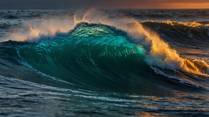 Fototapeta premium Powerful Ocean Wave at Sunset – Dramatic Seascape with Golden Light and Surf