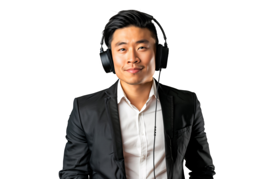 Confident businessman listening to music with headphones, isolated on transparent background - Powered by Adobe