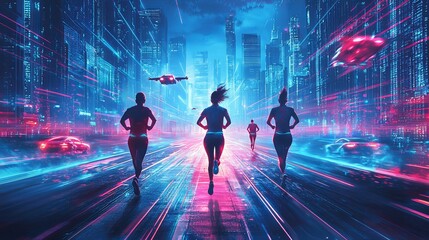 Fototapeta premium Dynamic Nighttime Urban Scene with Two Individuals Running Through City Streets Under Illuminated Lights