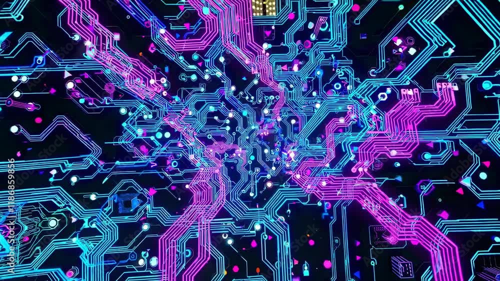 Poster exploring intricate circuitry designs in vibrant colors and dynamic patterns