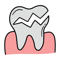 Hand drawn cartoon broken tooth icon on white background.