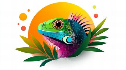 Fototapeta premium Vibrant illustration of a colorful lizard against a warm sunset backdrop, surrounded by lush tropical leaves.