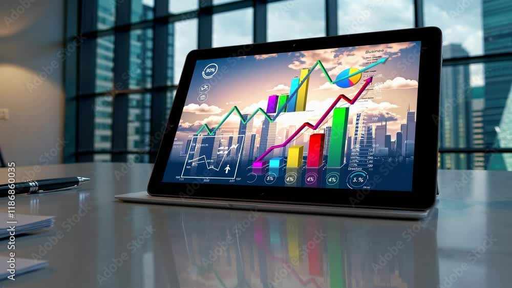 Poster analytics visualization on a digital tablet in a modern office space with city view