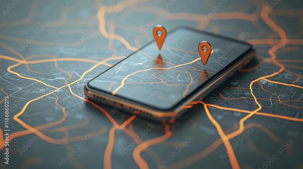 Poster Modern smartphone displaying interactive map with highlighted routes and location pins, symbolizing gps navigation, route planning, and location based services in contemporary technology