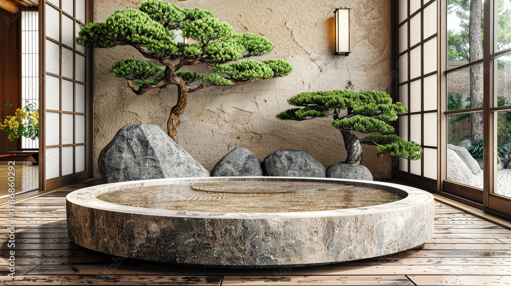 Poster large bonsai tree sits on a rock in front of a window. the tree is surrounded by a rock base, and th