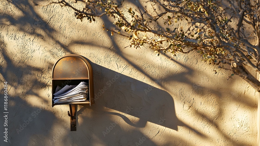 Poster rustic mailbox filled with letters on a textured wall, bathed in sunlight. shadowy branches add dept