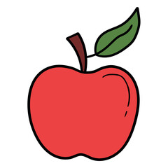 Hand drawn cartoon red apple with green leaf icon on white background.