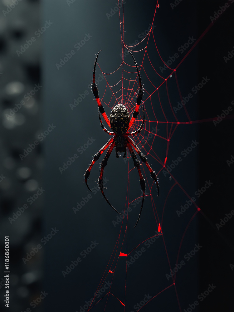 Poster a spider and red web are against a black wall in a spooky halloween background setting with dark sha
